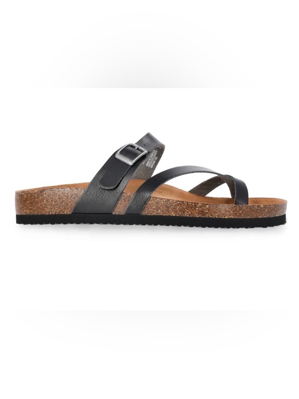 Time and Tru Women's Asymmetric Strap Footbed Slide Sandals, Black Leather Cork - Picture 1 of 7